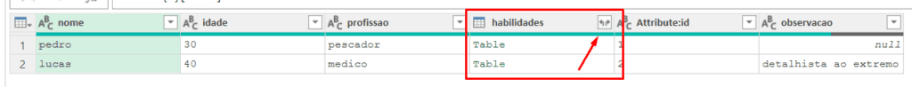 Coluna com tabelas aninhadas destacada no Power Query.