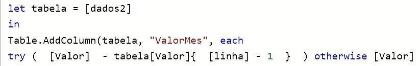 Código M que calcula ValorMes subtraindo o valor da linha anterior.