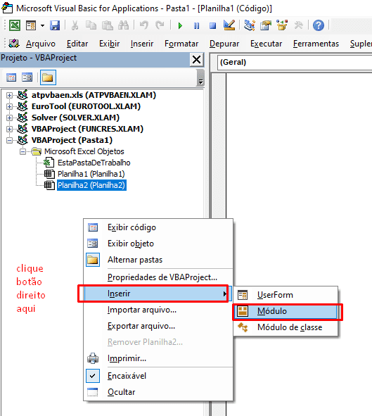 excel, vba, inserir módulo