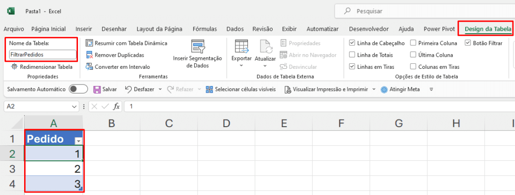 menu do Excel mostrando uma tabela e o nome dela