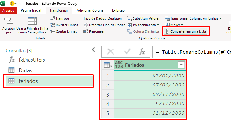 Power Query converter coluna da tabela em uma lista