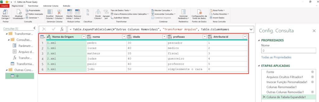 Power Query arquivos xml importados
