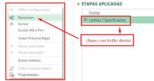 alterar nome da etapa no power query