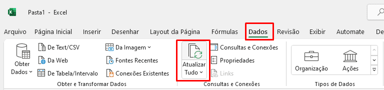 Botão Atualizar Tudo na guia Dados do Excel.