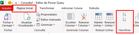 menu classificar power query