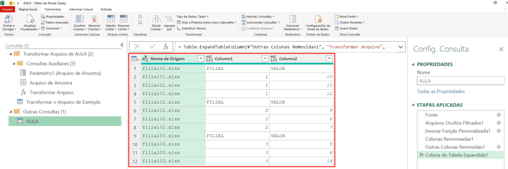 Tabela de arquivos combinados no editor do Power Query.