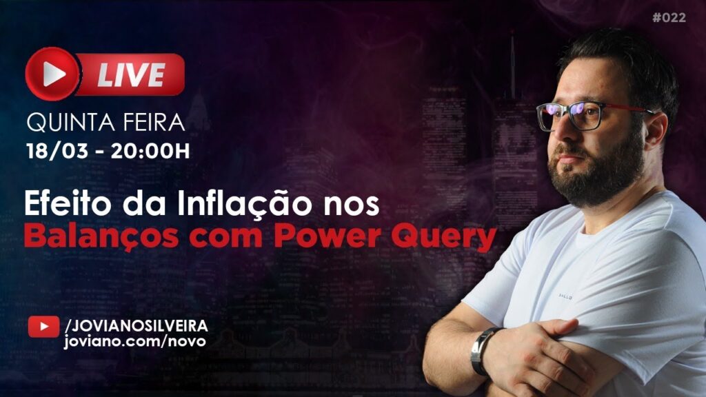 Capa da aula com Joviano sobre o efeito da inflação nos balanços usando Power Query.