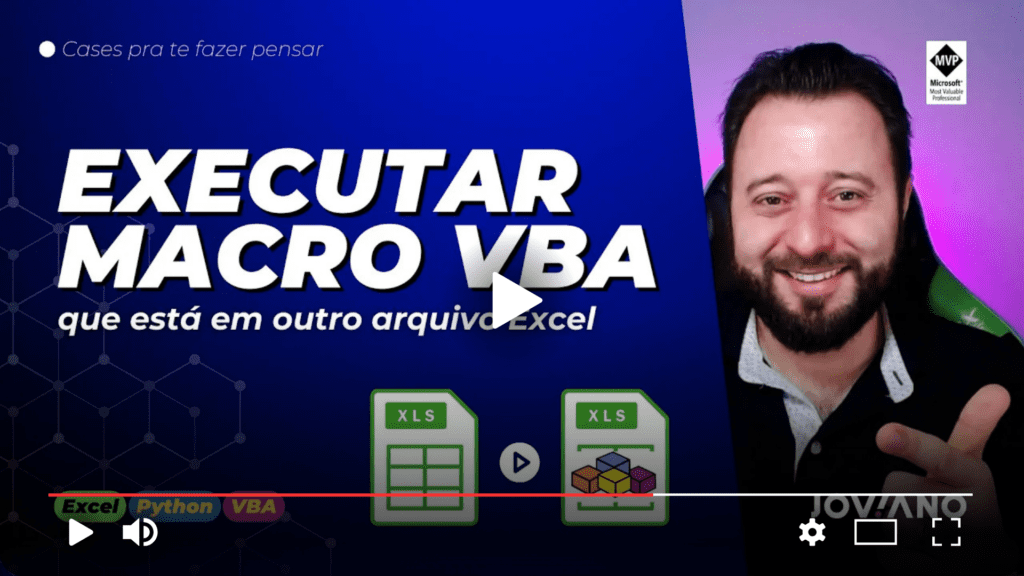 Capa da aula com Joviano sobre executar uma macro VBA de outro arquivo Excel.