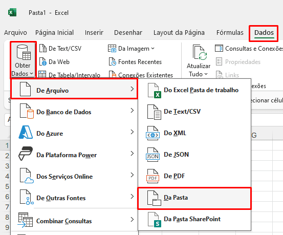 Excel: Dados, Obter Dados, De Arquivo, De Pasta.