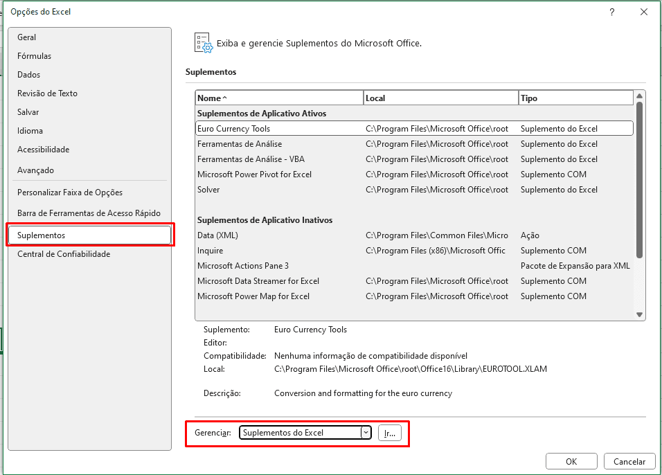 Opções do Excel, ativar suplemento Solver