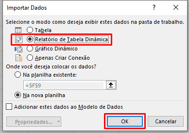 Janela Importar Dados com a opção de relatório de tabela dinâmica.