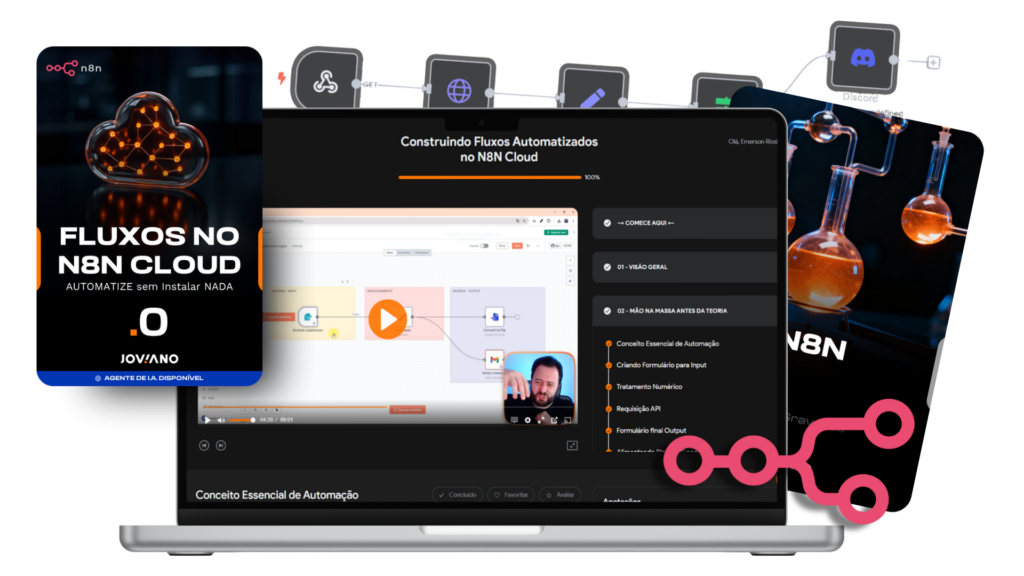 Cursos de n8n, serviços em nuvem e fluxos de automação exibidos em um notebook.